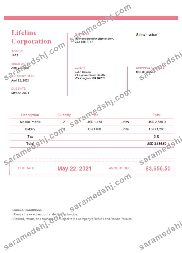 USA Lifeline Corporation invoice template in Word and PDF format, fully editable, version 2
